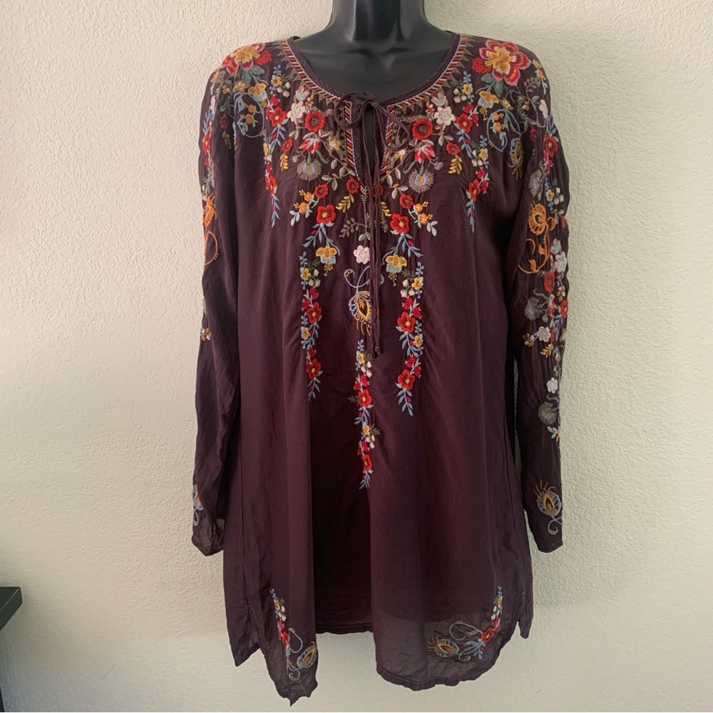 Johnny Was Autumn Bloom Tunic Size Medium Blouse Top Bohemian V-Neck Embrodiery - Picture 2 of 9
